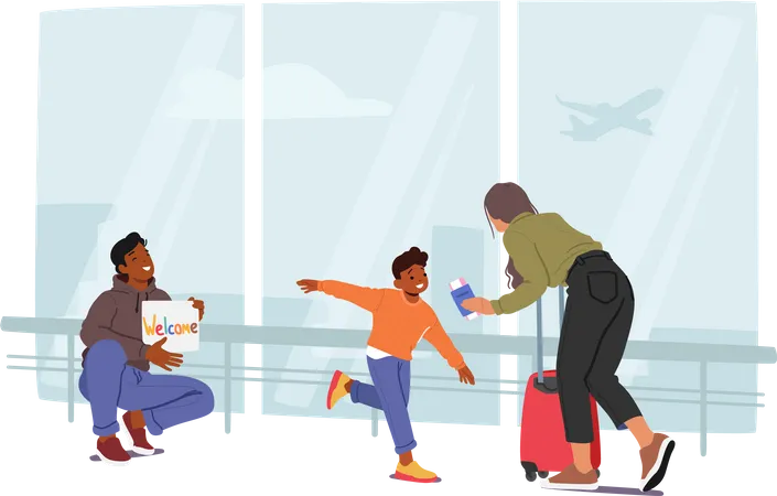 Padre e hijo se encuentran con la madre en el aeropuerto  Ilustración