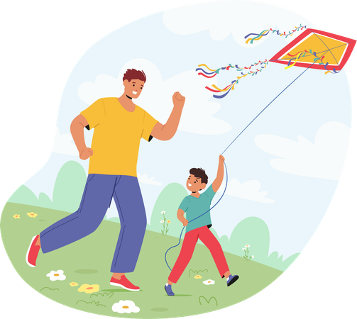 Padre e hijo volando cometa  Ilustración