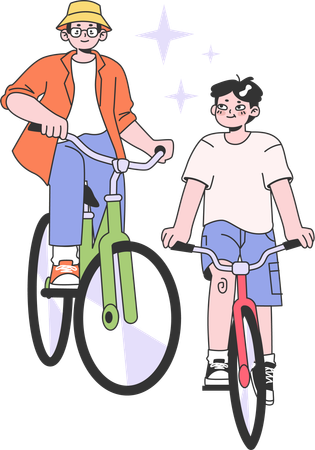 Padre e hijo van a dar un paseo en bicicleta  Ilustración