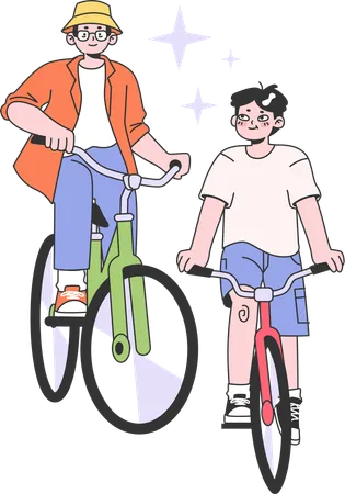 Padre e hijo van a dar un paseo en bicicleta  Ilustración