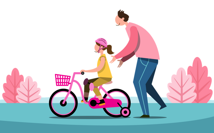 Padre enseña a su hija a andar en bicicleta en el parque  Ilustración