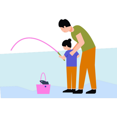 Padre enseña a su hija a pescar  Ilustración