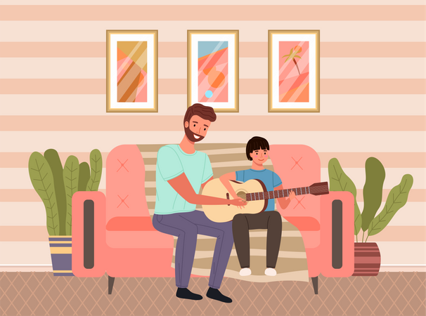 Padre enseña a su hijo a tocar la guitarra  Ilustración