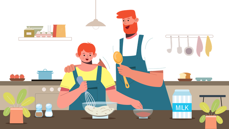 Padre enseñando a su hijo a cocinar  Ilustración