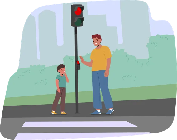 Padre enseñando a su hijo las normas de seguridad vial en un cruce de peatones con semáforo  Ilustración