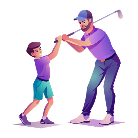 Padre enseñando golf a su hijo  Ilustración