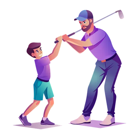 Padre enseñando golf a su hijo  Ilustración