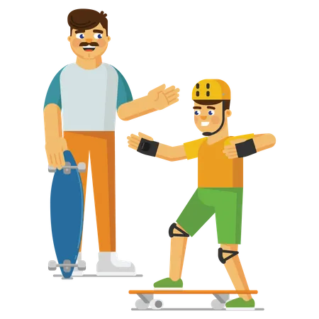 Padre enseñando a su hijo a andar en patineta  Ilustración