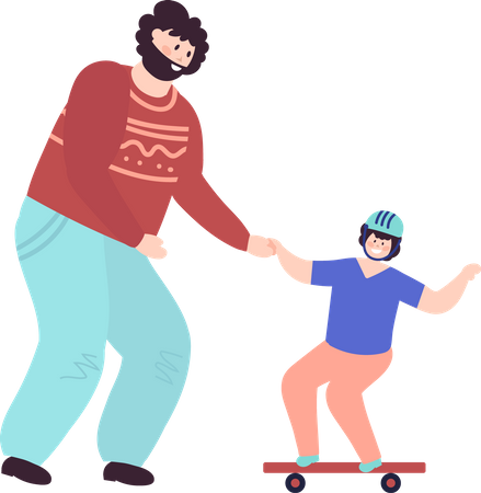 Padre enseñando a su hijo a andar en patineta  Ilustración