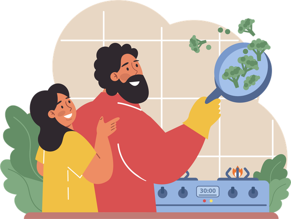 El padre está cocinando comida en la cocina.  Ilustración