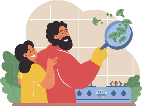 El padre está cocinando comida en la cocina.  Ilustración