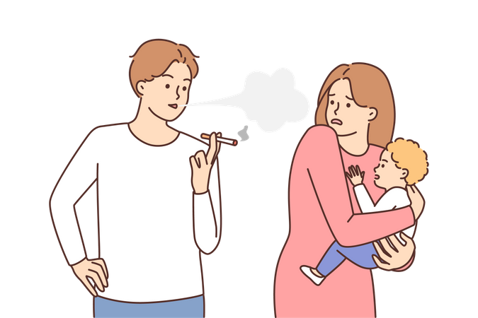 Padre fumando delante de niño  Ilustración