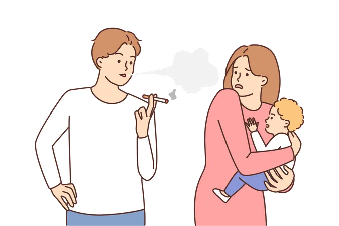 Padre fumando delante de niño  Ilustración