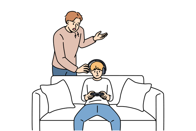 Padre le grita a niño travieso que juega videojuegos y se niega a cumplir con las exigencias de sus padres  Ilustración