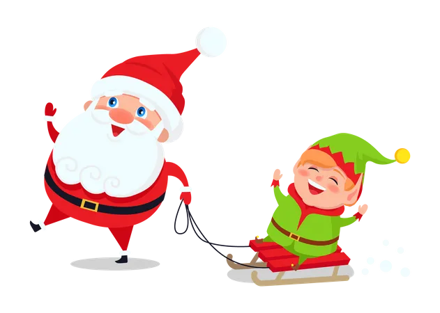 Papá Noel y un enano montando en trineo y divirtiéndose  Ilustración