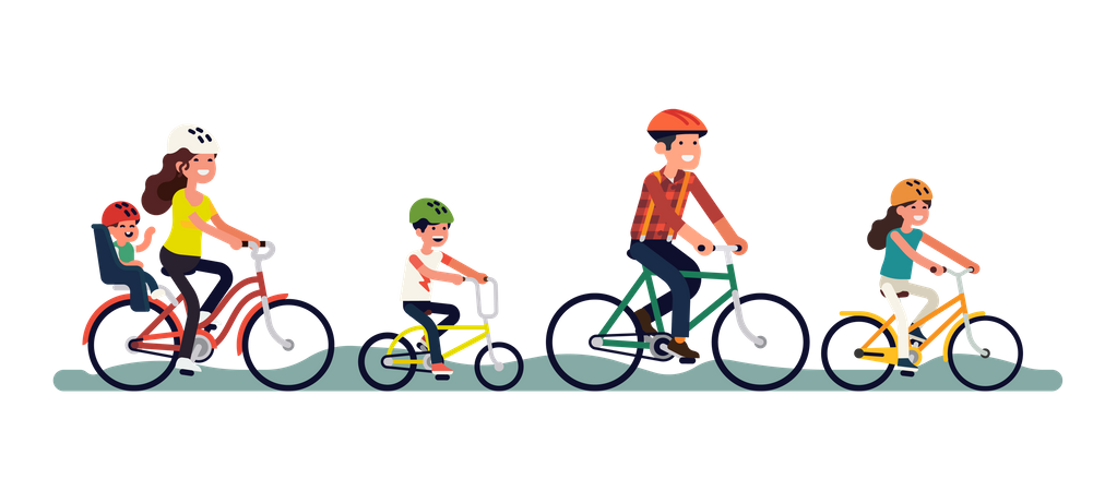 Padre, hermanos, madre con un niño pequeño andando en bicicleta  Ilustración