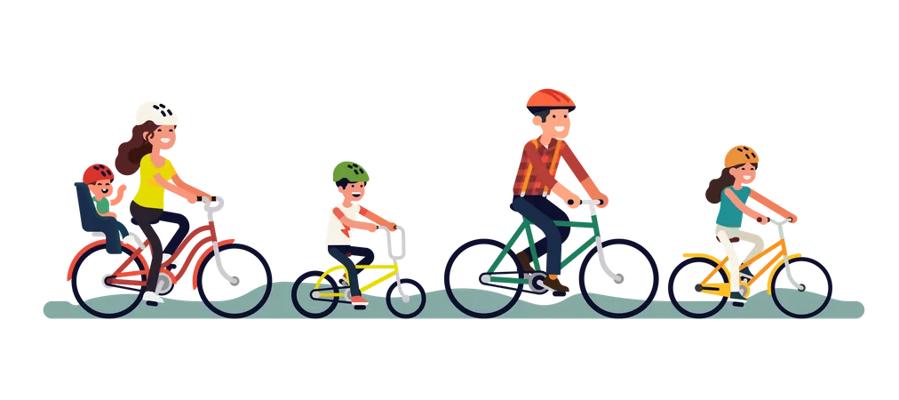 Padre, hermanos, madre con un niño pequeño andando en bicicleta  Ilustración