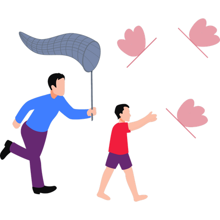 Padre e hijo atrapando mariposas con red  Ilustración