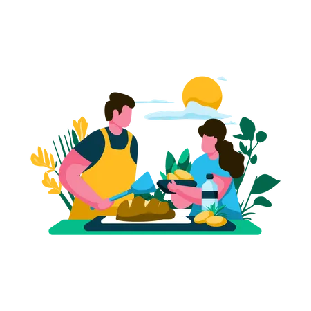 Padre e hijo cocinando juntos en la cocina.  Ilustración