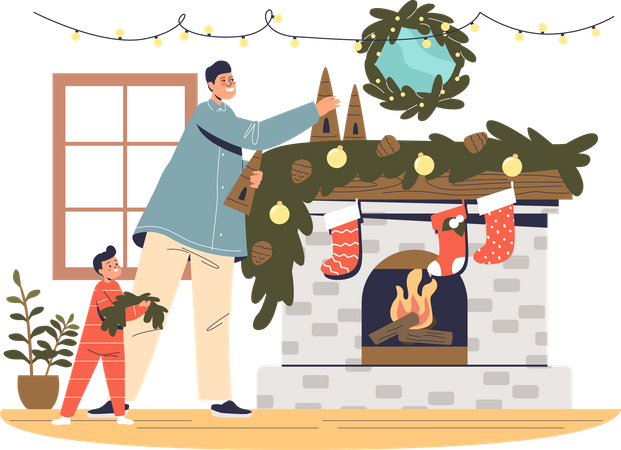 Padre e hijo decorando la chimenea para Navidad.  Ilustración