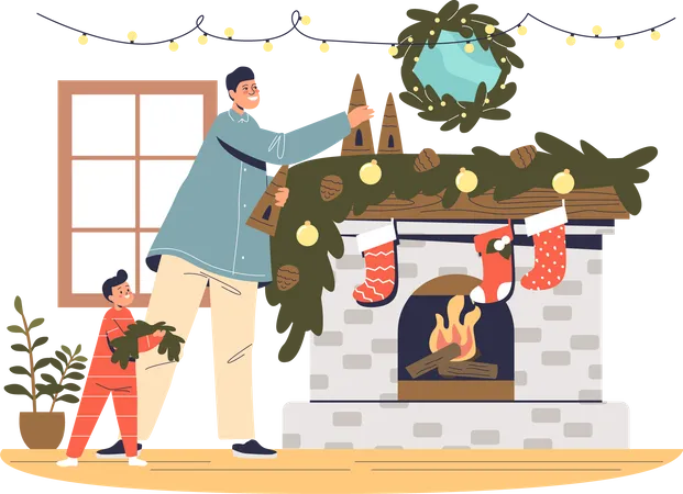 Padre e hijo decorando la chimenea para Navidad.  Ilustración