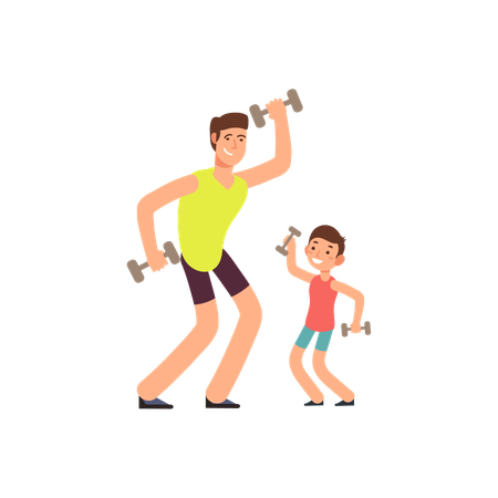 Padre hijo haciendo ejercicio físico  Ilustración