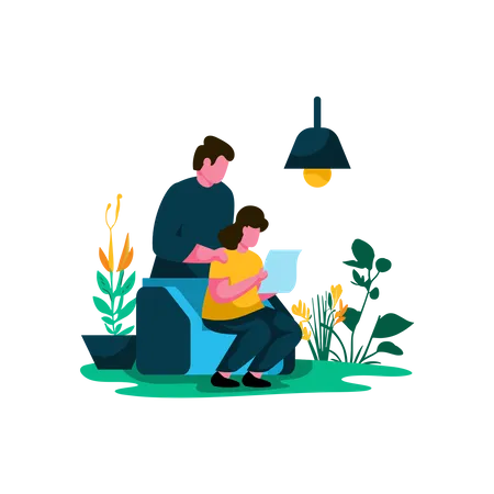 Padre e hijo leyendo juntos en una acogedora sala de estar  Ilustración