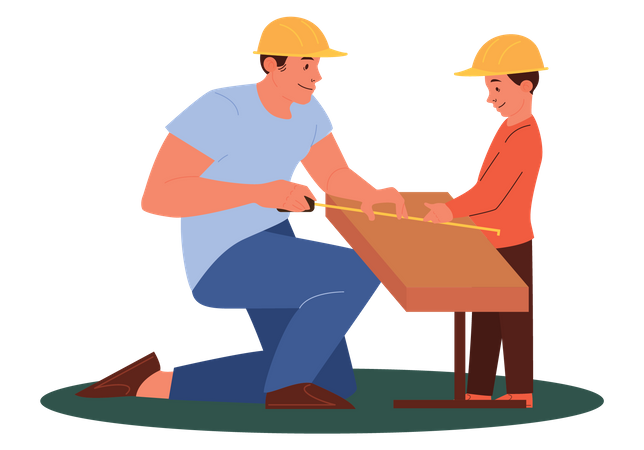 Padre e hijo midiendo pieza de madera  Ilustración