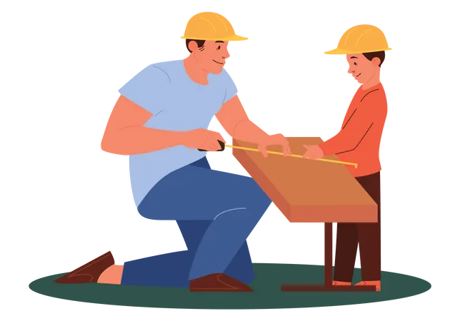 Padre e hijo midiendo pieza de madera  Ilustración