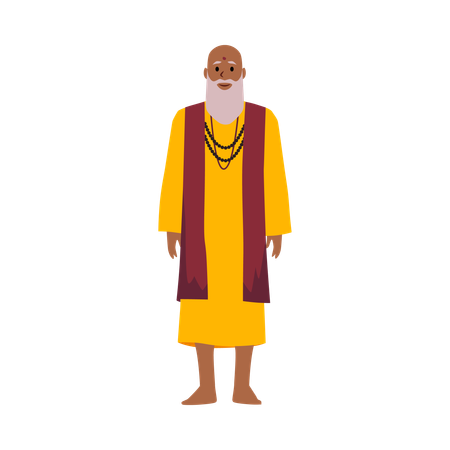 Padre indiano velho, careca, barbudo, monge, com bindi na testa, em traje tradicional indiano  Ilustração