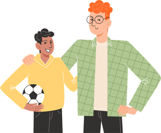 Padre joven abrazando a su hijo sosteniendo un balón de fútbol  Ilustración