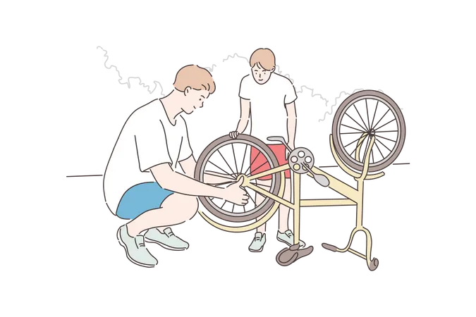 Padre joven ayudando a su hijo a reparar la rueda de la bicicleta  Ilustración