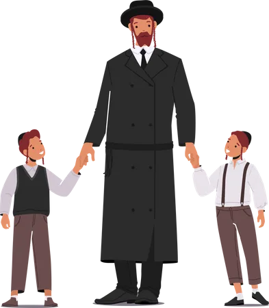 Padre judío tradicional con hijos  Ilustración