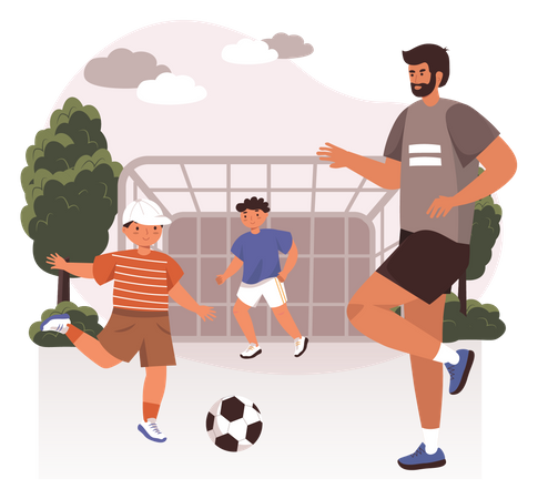 Padre jugando al fútbol con niños  Ilustración