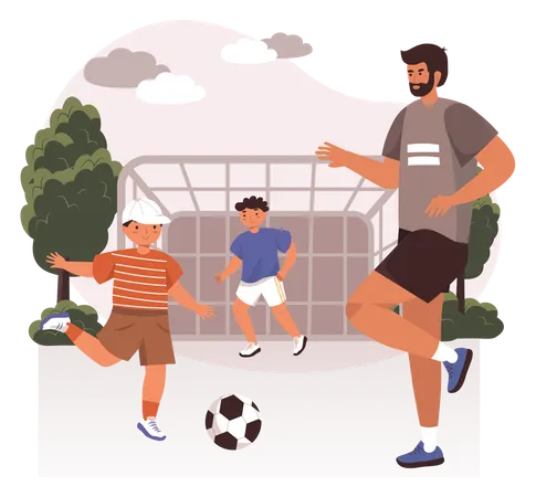 Padre jugando al fútbol con niños  Ilustración