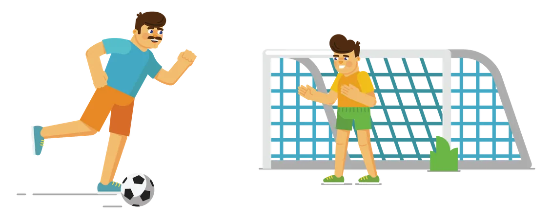 Padre jugando al fútbol con niño  Ilustración