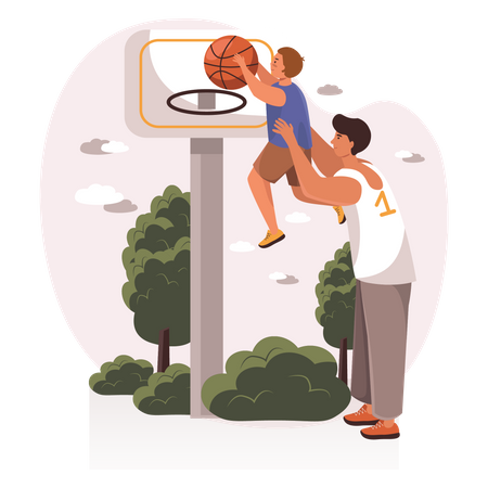 Padre levantando a su hijo para jugar baloncesto  Ilustración