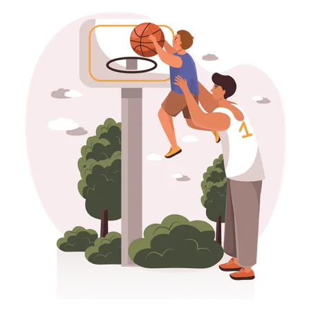 Padre levantando a su hijo para jugar baloncesto  Ilustración