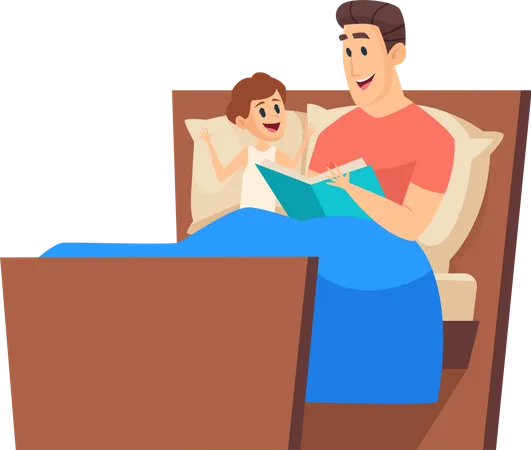 Padre leyendo cuentos para dormir a su hijo  Ilustración