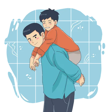 Padre cargando a su hijo en la espalda.  Ilustración