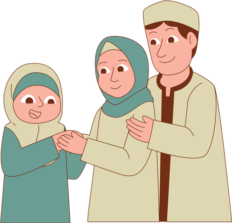 Padre musulmán, madre e hija besándose las manos  Ilustración