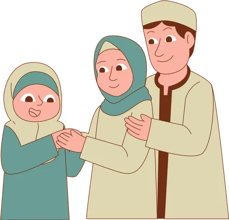 Padre musulmán, madre e hija besándose las manos  Ilustración