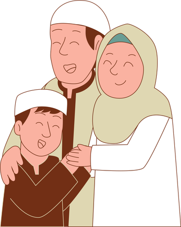 Padre musulmán, madre e hijo besándose las manos  Ilustración
