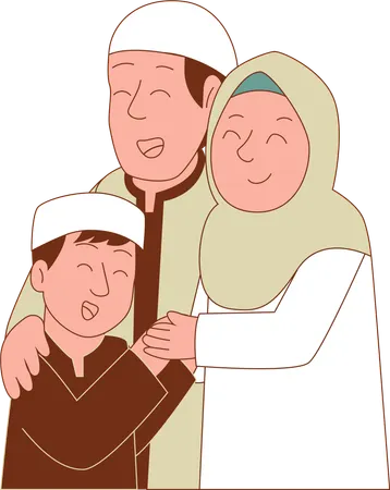 Padre musulmán, madre e hijo besándose las manos  Ilustración
