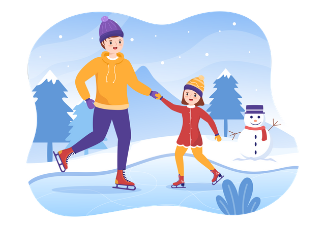 Padre hace patinaje sobre hielo con su hija  Ilustración