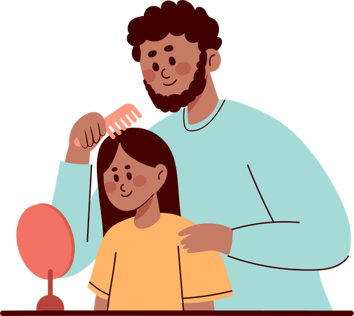 Padre peina el cabello de la hija  Ilustración