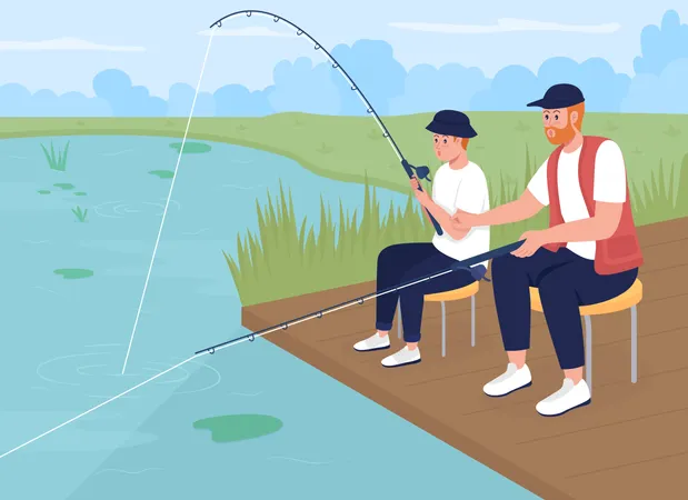 Padre pescando con hijo adolescente  Ilustración