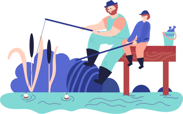Padre pescando con niños  Ilustración