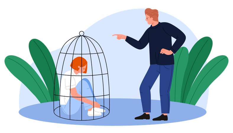 Padre señala con el dedo a niña castigada dentro de una jaula  Ilustración