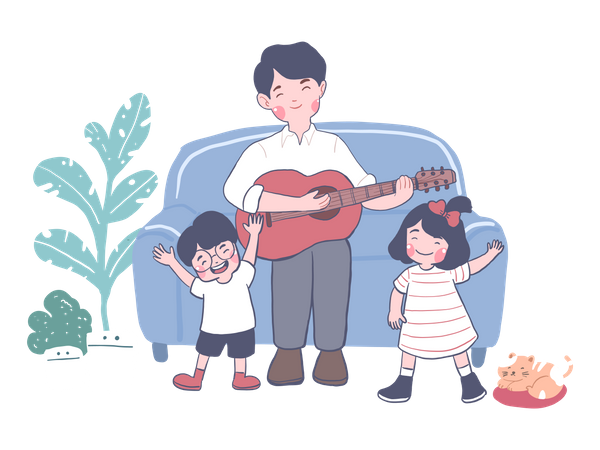 Padre tocando la guitarra y cantando con hijo e hija.  Illustration